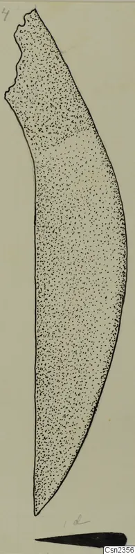 Drawing of a long, curved iron knife blade with a broken upper end, tapering to a point.