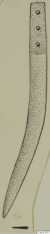 Field drawing of an iron knife with a long, narrow, slightly curved blade and three rivet holes near the top