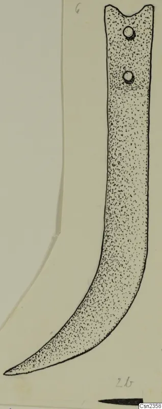 Drawing of an iron knife with a curved blade and two small round holes near the top