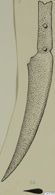 Ink drawing of an iron knife with a tapering blade and two rivet holes in the handle end.