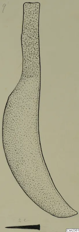 Field drawing of a curved iron tool with a narrow straight upper end, shown with stippled shading