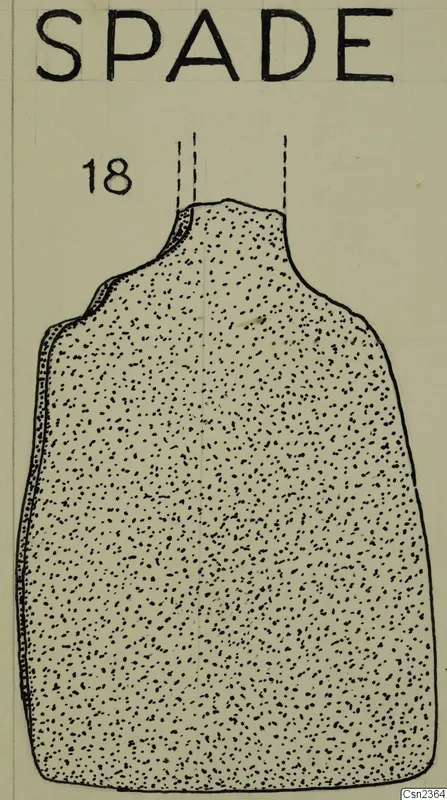 Drawing of an iron spade with a narrow socket at the top, shown upright with stippled shading