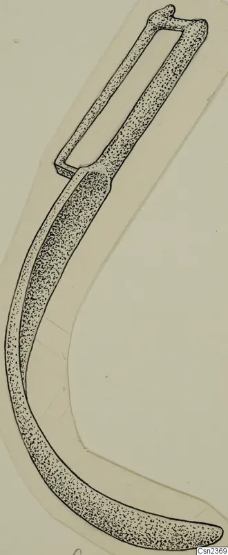 Ink drawing of a long curved iron tool with a rectangular loop at its upper end