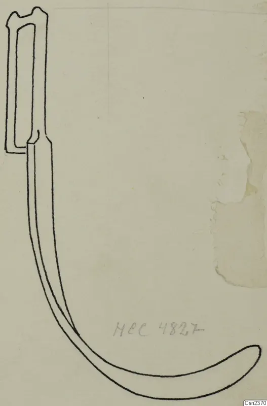 Line drawing of an iron tool with a rectangular socket at one end and a long curved blade ending in a hook.