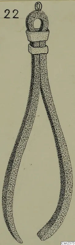 Sketch drawing of a gripping claw tool with a ring at the top and two long curved arms
