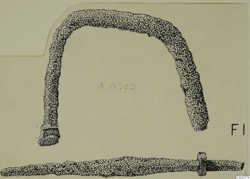 Drawing of two iron tool parts from Amathus: a curved bar and a straight rod with a collar.