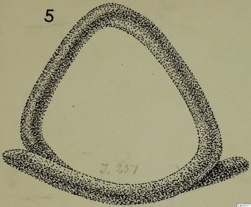 Stippled drawing of an iron object with a rounded triangular loop and a flat extension at its base