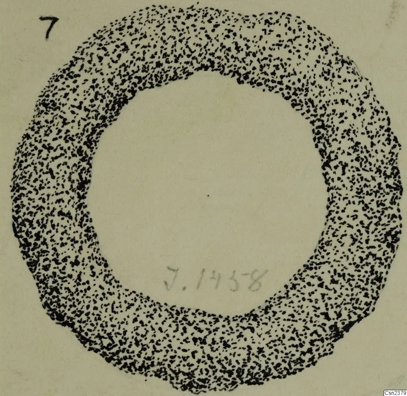 Stippled ink drawing of a ring-shaped object seen from above, on a pale card.