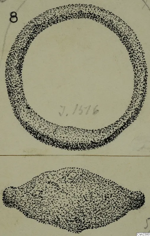 Stippled ink drawing of two iron objects: a thick ring above and an elongated tool below