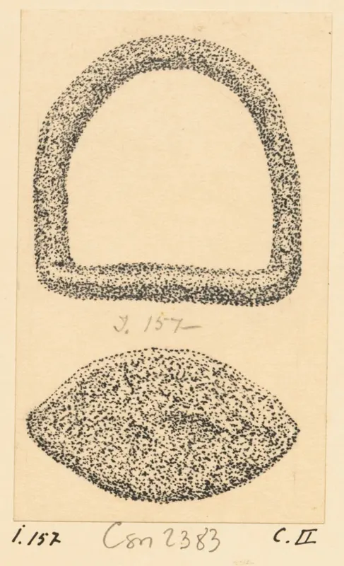 Drawing of two objects: an arch-shaped ring with a flat base above a lens-shaped object with pointed ends
