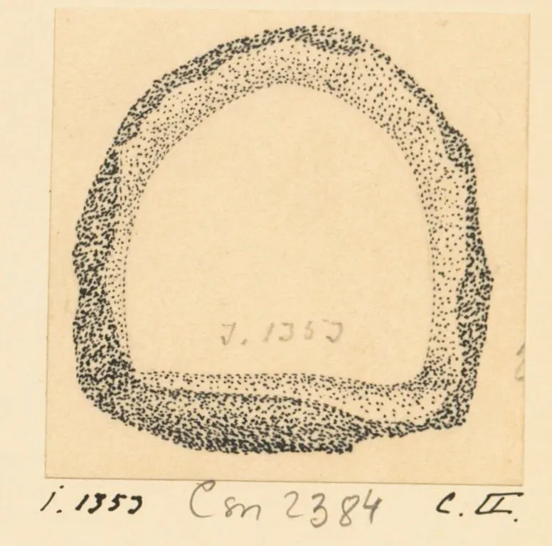 Stippled drawing of an arch-shaped ring object with a flat lower edge, from the Idalion iron tools series