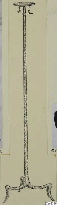 Pen drawing of an iron object with a long rod, a dish-like top with two curled hooks, and three splayed feet