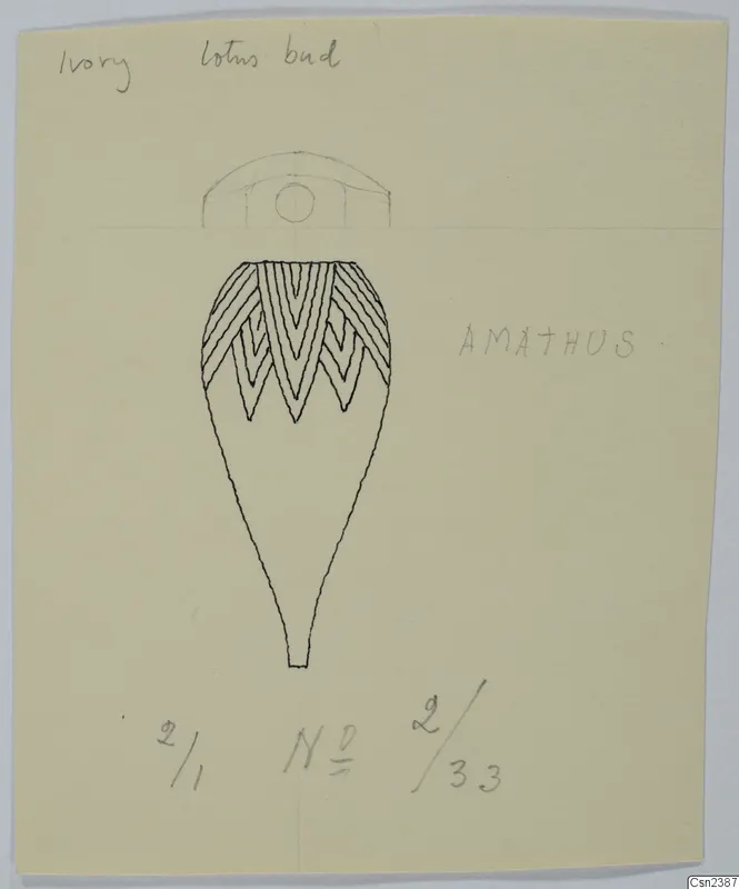 Drawing of an ivory lotus-bud object from Amathus, with chevron stripes on its upper part and a tapering base.