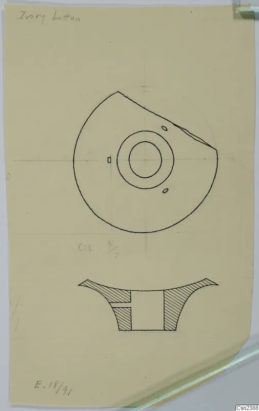 Field drawing of a round object in plan and cross-section, with a central ring and two small holes