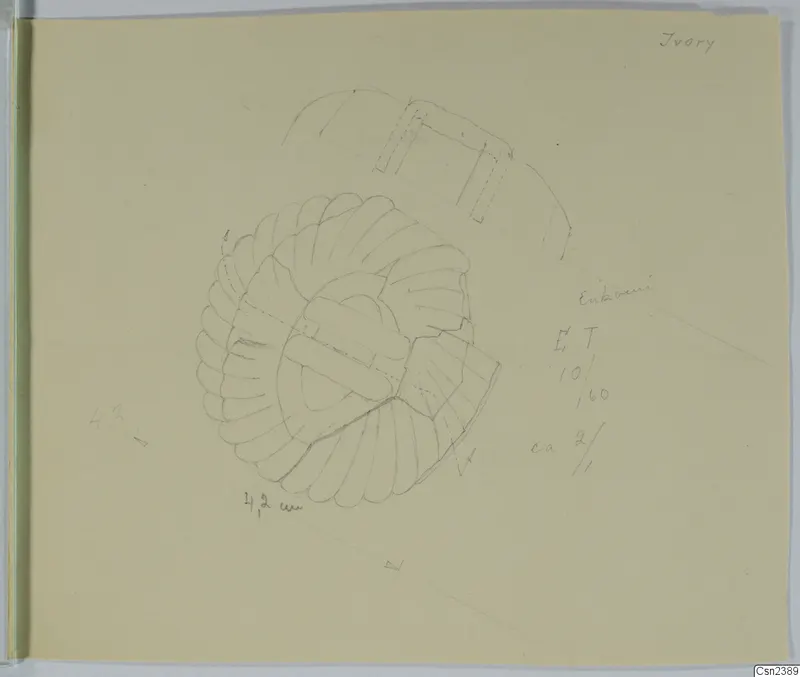 Pencil drawing of an ivory object from Enkomi, with a ring of radiating lobes and a band across its centre