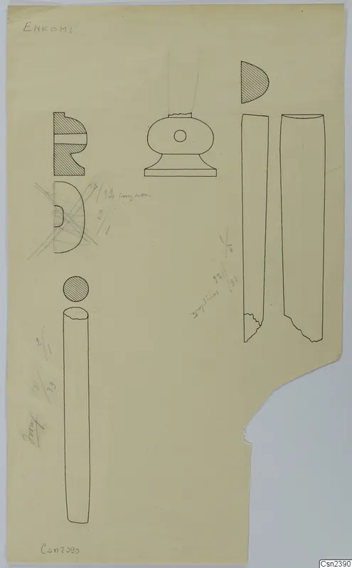 Field drawing of rod-like objects and profile sections, recorded as bone