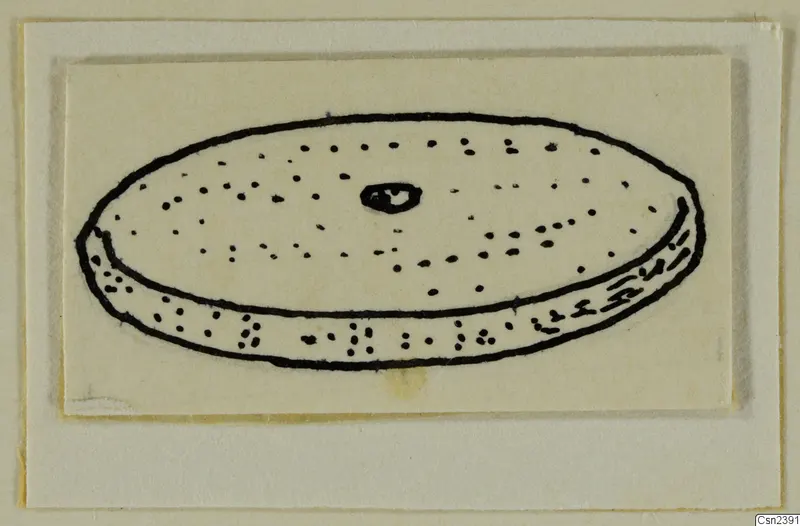 Drawing of a flat disc-shaped object with a central hole and dotted decoration, from the Kastros tombs at Lapithos