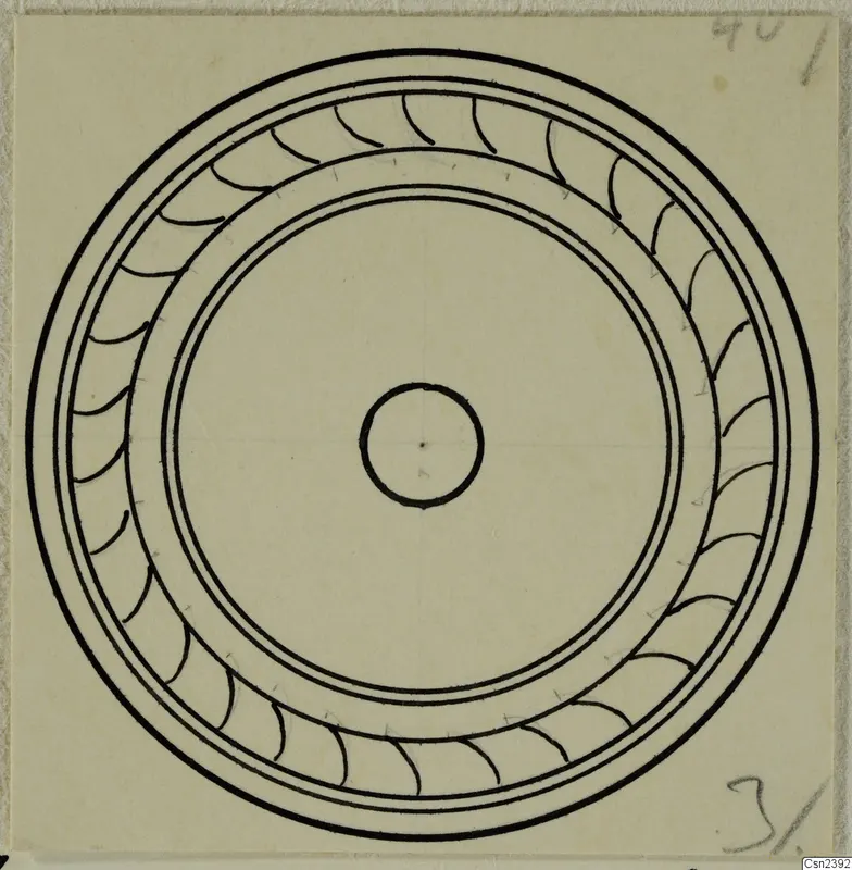 Drawing of a round object seen from above, with a scalloped band between concentric rings and a small central circle