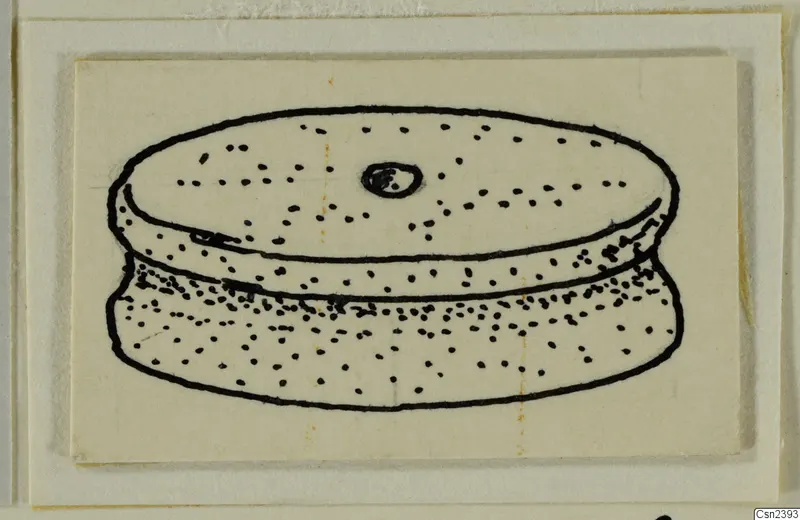 Field drawing of a disc-shaped object with a central hole, from the Kastros tombs at Lapithos