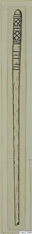 Line drawing of a long bone object with a rounded head decorated with cross-hatched and ringed bands