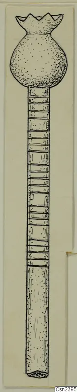 Drawing of a long bone object with a flared, notched head and ringed shaft, from the Kastros tombs at Lapithos