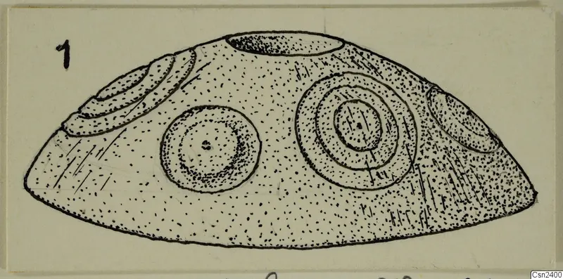 Field drawing of a dome-shaped bone object from Ayios Iakovos with concentric circles and incised lines