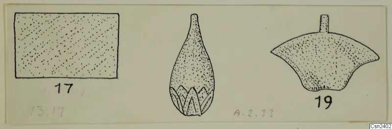 Ink drawing of three objects from Amathus: a rectangular outline, a pear-shaped object with a fluted base, and a fan-shaped object.