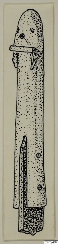 Ink drawing of an elongated bone object from Amathus, rounded at the top, with a horizontal bar through its upper part.