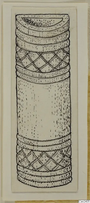 Pen drawing of a cylindrical bone object from Amathus with ringed bands and cross-hatched diamond patterns