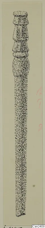 Stippled pen drawing of a bone object from Idalion: a long slender shaft with a ringed, moulded top