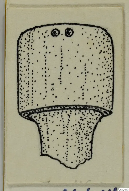 Drawing of a bone object with a rectangular upper part and two small ring-shaped marks, flaring to a broken base