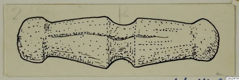 Ink drawing of an elongated bone object with rounded ends and a narrower waist at the centre