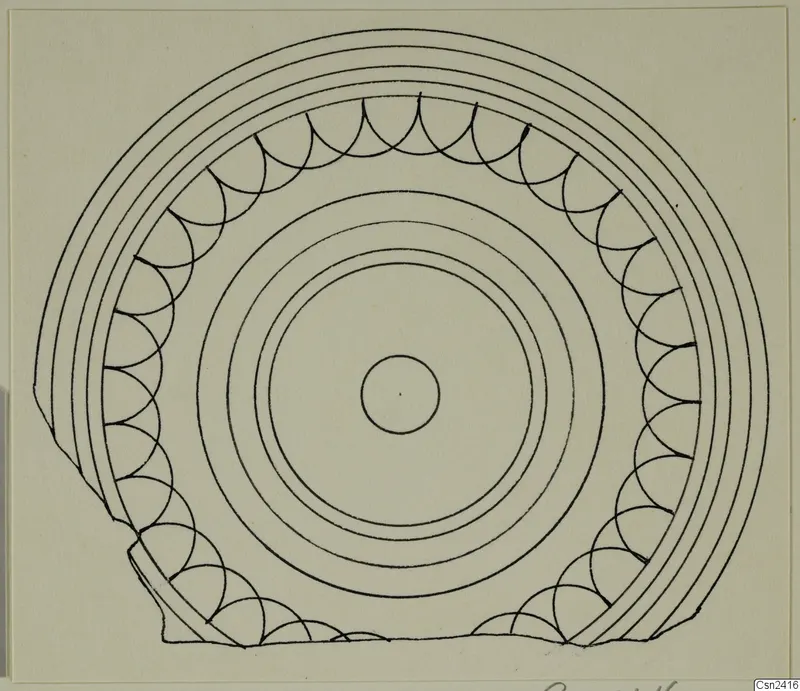 Drawing of a round, disc-like object with concentric rings and a band of scalloped arcs around its rim