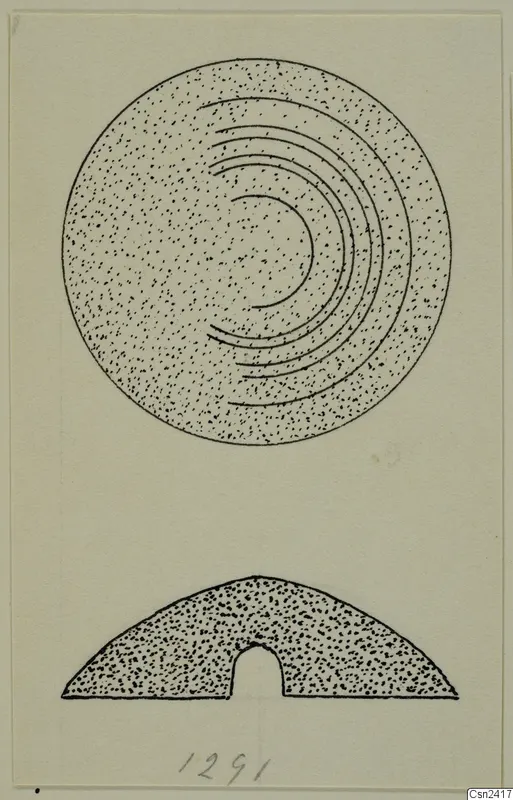 Drawing of a disc with concentric arcs above its dome-shaped profile, from Idalion
