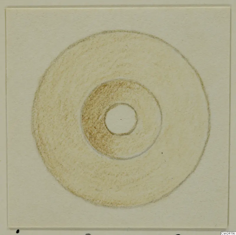 Drawing of a bone object: a flat disc with a central hole, shaded in brown, from Idalion