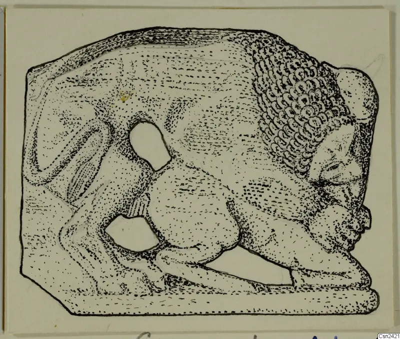Ink drawing of a carved relief block showing a curly-haired head in profile and a crouched figure
