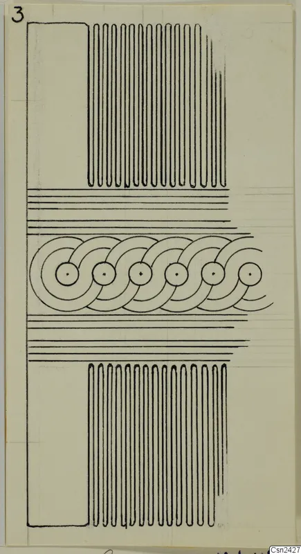 Drawing of a pattern of interlocking ring motifs framed by parallel lines, with rows of vertical lines above and below