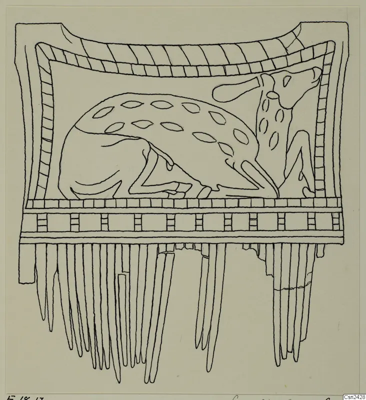 Line drawing of a carved bone object from Enkomi, with two animals in a panel above a row of long pendant prongs