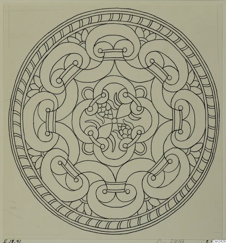 Line drawing of a round ornamental design with interlocking scrolls and a ring border, possibly of a bone object