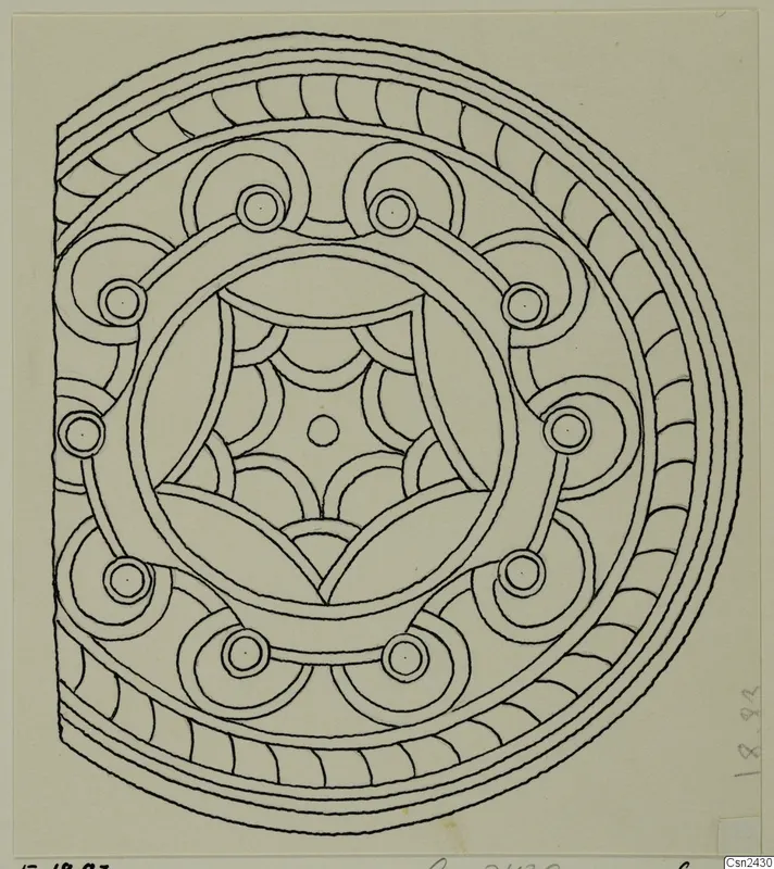 Ink drawing of a D-shaped bone plaque with concentric bands, arcs and circular studs