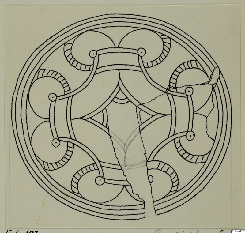 Ink and pencil drawing of a disc-shaped ornament with concentric rings and curved bands, the bone object E.6.103