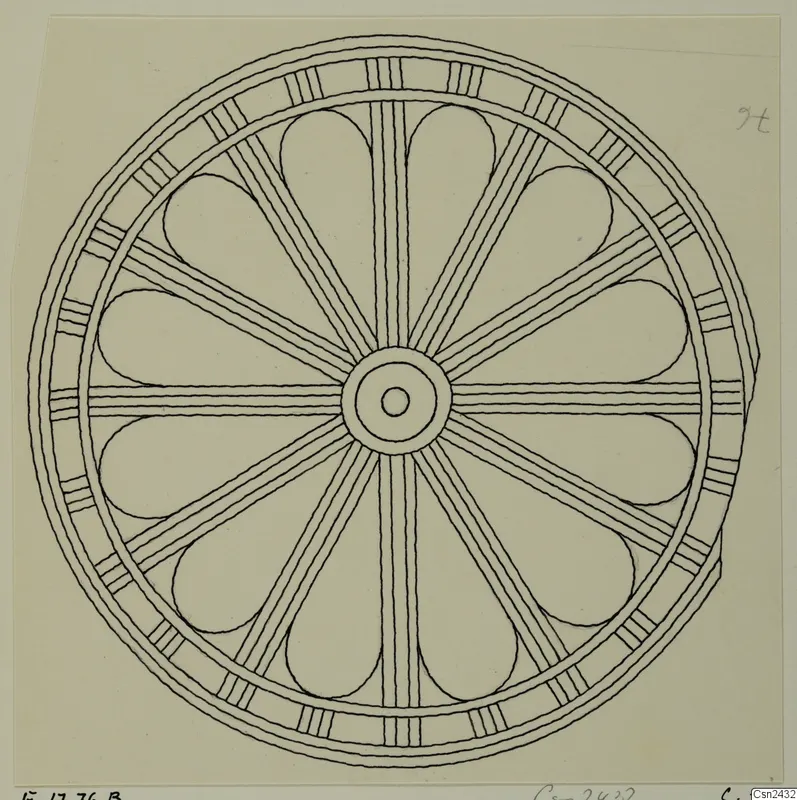 Drawing of a circular object with a ring of teardrop-shaped petals, radiating spokes and a central hub, from Enkomi