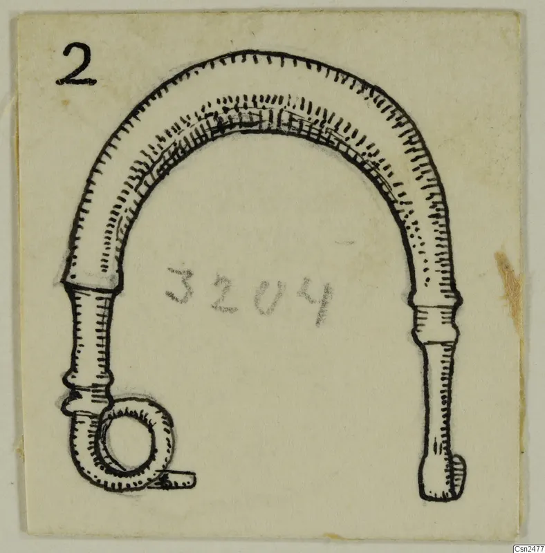 Pen drawing of a silver object with an arched rod, a coiled loop at one end and a plain rounded end at the other