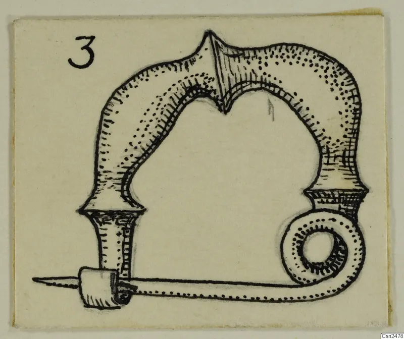 Pen drawing of a silver fibula from Amathus, showing its arched bow, coiled spring and long pin
