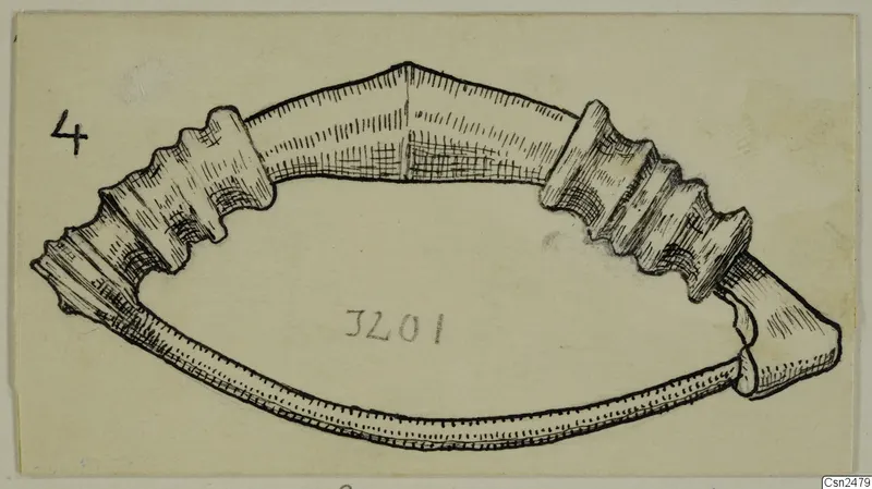 Pen drawing of a silver open hoop with ribbed knobs at both ends