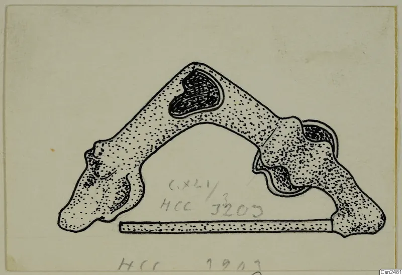 Ink drawing of a silver arched object with a straight stippled bar beneath it