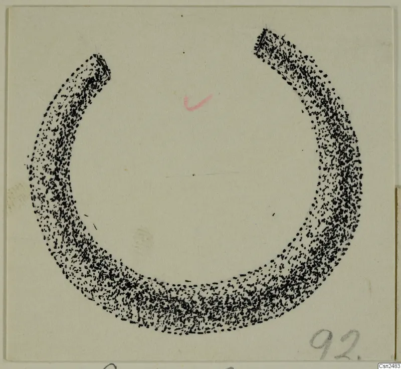 Stippled ink drawing of an open silver ring on pale card, with a number label in the lower right corner