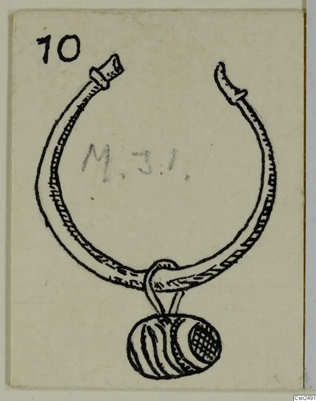 Drawing of a silver hoop earring with a striped barrel-shaped pendant, shown on a pale card