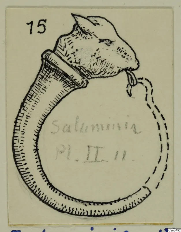 Drawing of a silver looped band ending in an animal head, from Salaminia