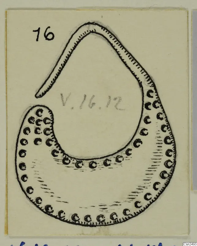 Field drawing of a silver fragment, a curved band with rows of small circles, from the Vouni Korakas tombs